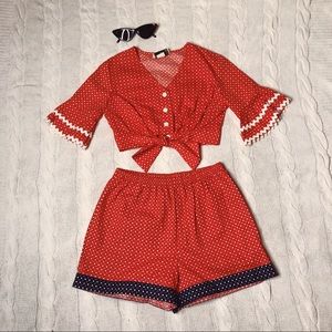 Vintage 60s Red Polkadot Tie Shirt and Shorts Set